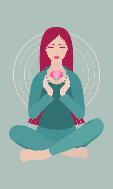 Kapalı gözler yoga lotus poz çiçek renkli arka plan üzerinde meditasyon bir kadınla gösteren resim