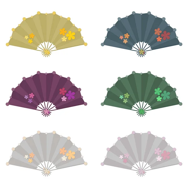 Ensemble Six Vecteur Ventilateur Pliant Coloré Avec Décoration Florale Isolé — Image vectorielle