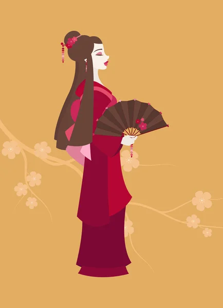 Bir geyşa gibi giyinmiş ve sakura çiçek sarı zemin üzerine dekore edilmiş bir yelpaze tutan genç bir Japon kadın çizimi
