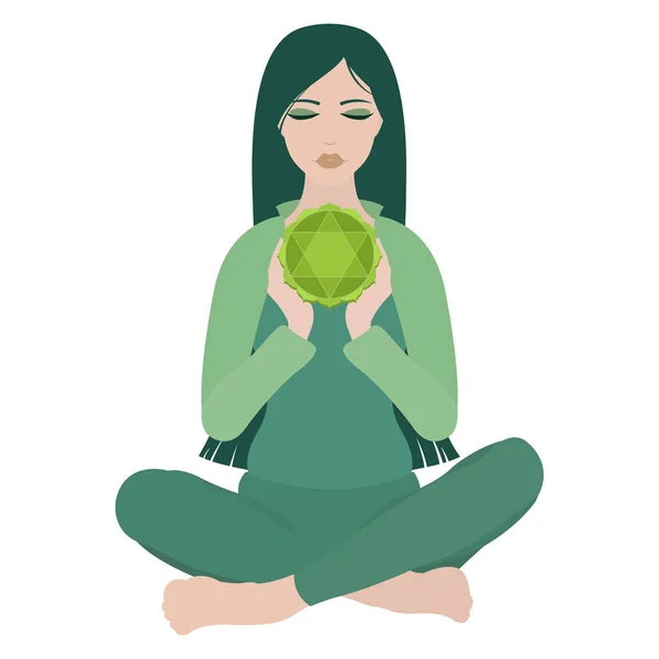 Bir kadın meditasyon yoga lotus poz orta beyaz arka plan üzerinde kalp çakra ile kapalı gözlerle çizimi