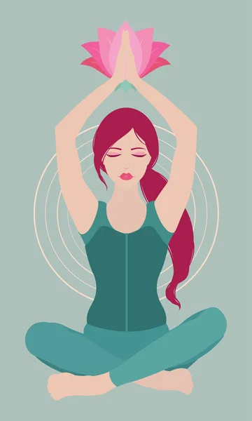 Kapalı gözler yoga lotus poz çiçek renkli arka plan üzerinde meditasyon bir kadınla gösteren resim