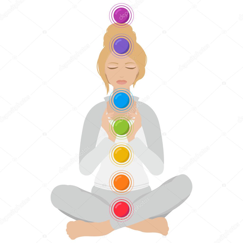 Illustration of a woman with closed eyes meditating in yoga lotus pose with colorful chakras on white background