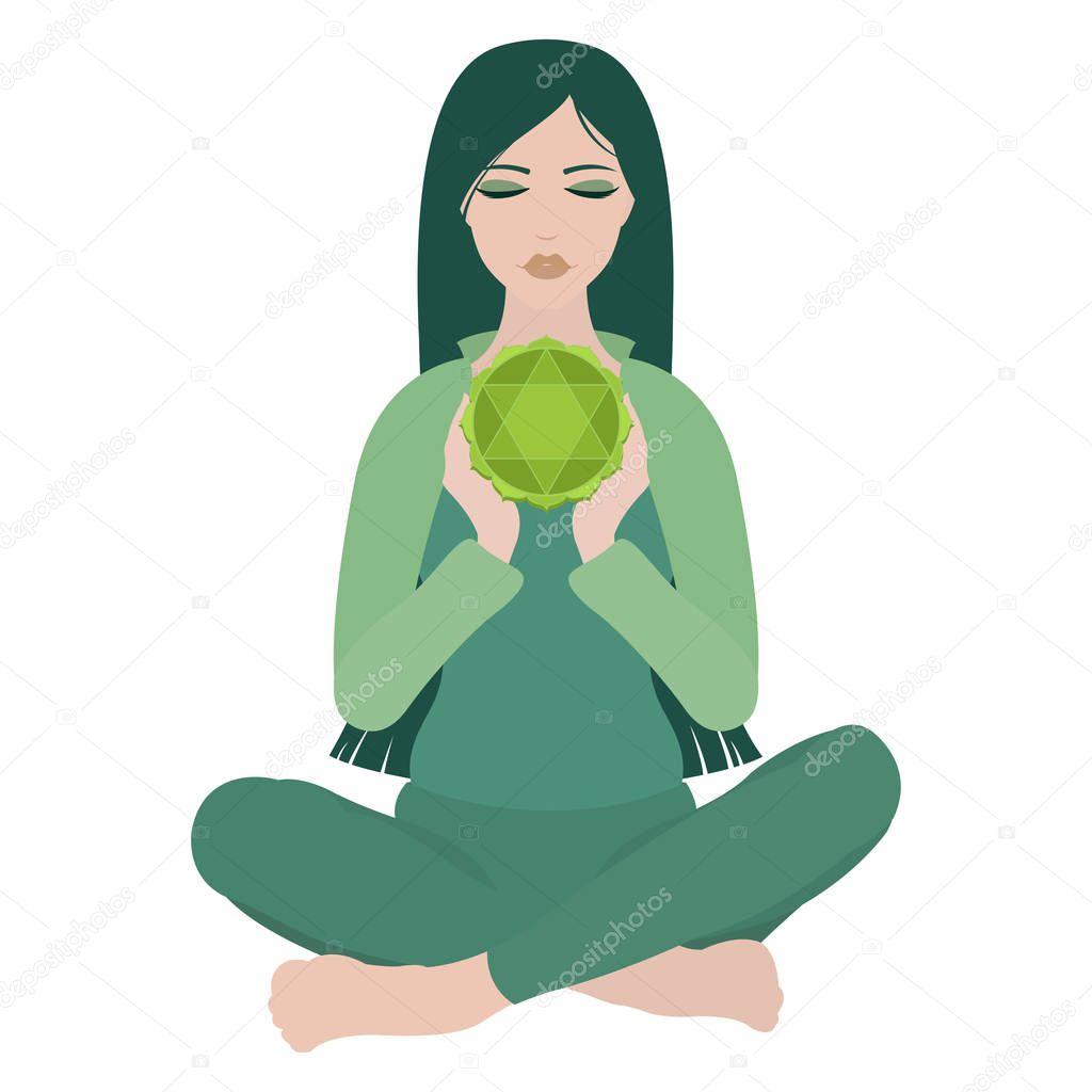 Illustration of a woman with closed eyes meditating in yoga lotus pose with heart chakra in the middle on white background