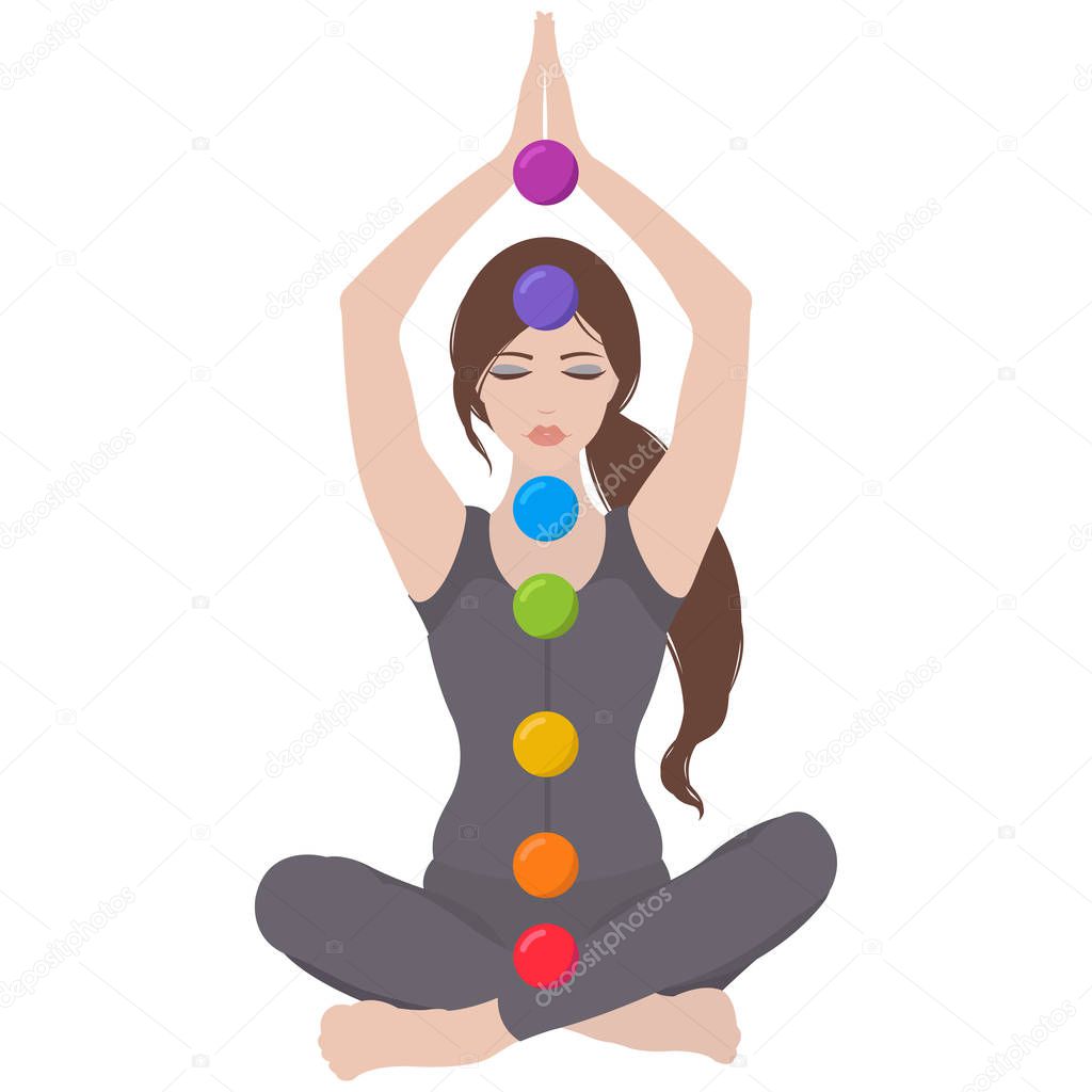 Illustration of a woman with closed eyes and hands up meditating in yoga lotus pose with colorful chakras on white background