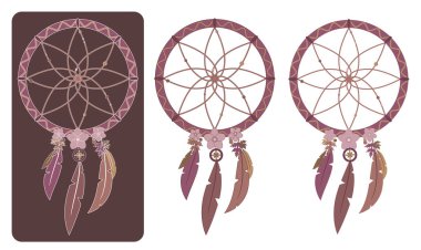 Çok renkli boho dreamcatchers üç vektör çizimler çeşitli anahatları ile kümesi