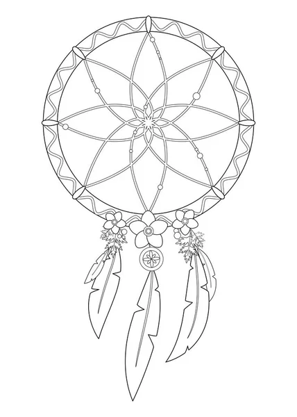 Beyaz arka plan üzerinde izole boho dreamcatcher Anahat vektör çizim. Boyama sayfaları ve Kitaplar için yararlı.