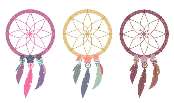 三套彩色波西米亚 Dreamcatchers 在白色背景下分离的矢量插图 — 图库矢量图片