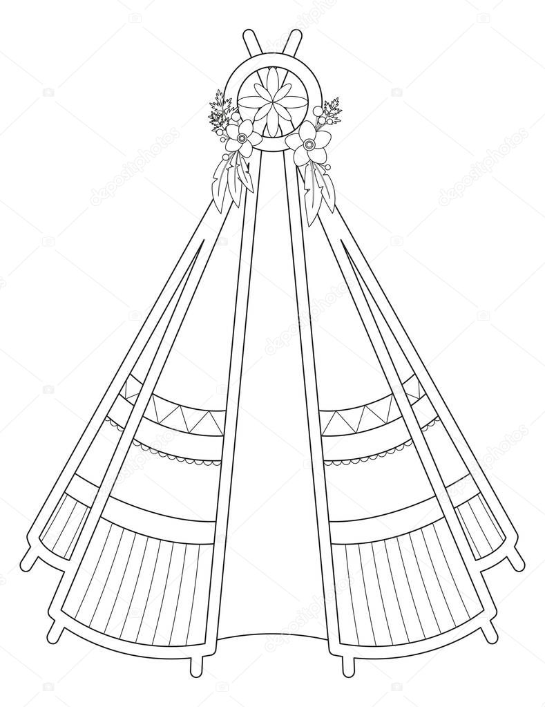 Black line art of vector illustration of teepee isolated on white background. Useful for coloring pages and books.
