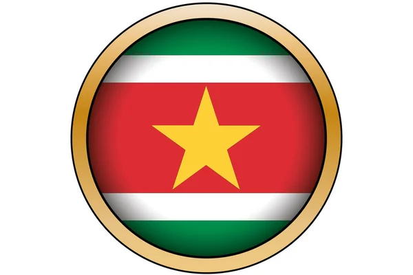 Botón redondo de oro 3D con la bandera de Surinam — Archivo Imágenes Vectoriales