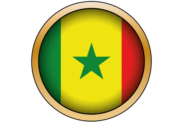 Botón redondo de oro 3D con la bandera de Senegal — Archivo Imágenes Vectoriales