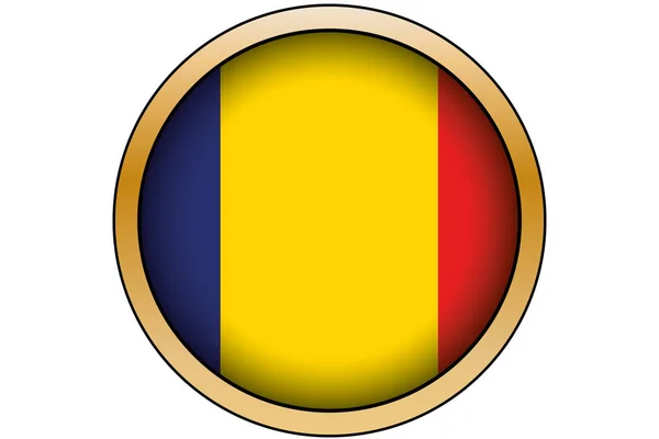 3D goldener runder Knopf mit der rumänischen Flagge — Stockvektor