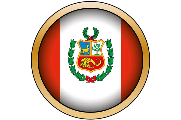 ペルーの旗を持つ3Dゴールドラウンドボタン — ストックベクタ