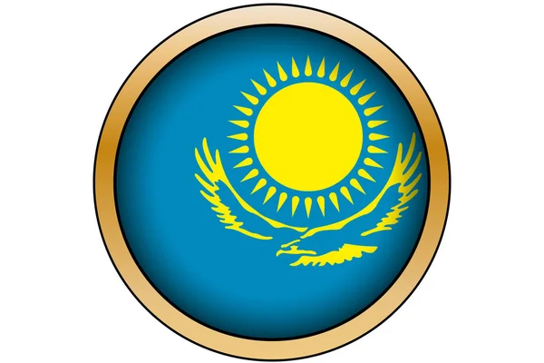 Botón redondo de oro 3D con la bandera de Kazajstán — Vector de stock