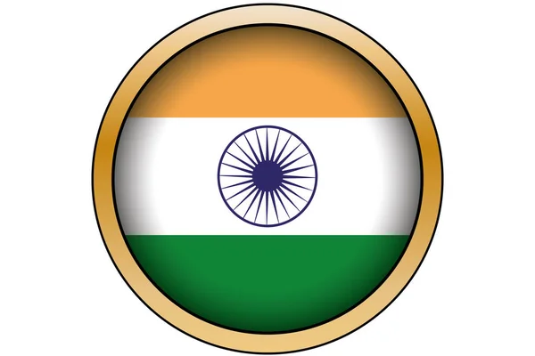 3D χρυσό στρογγυλό κουμπί με τη σημαία της Ινδίας — Διανυσματικό Αρχείο