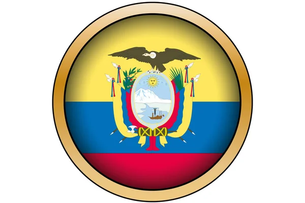 Botón redondo de oro 3D con la bandera de Ecuador — Archivo Imágenes Vectoriales