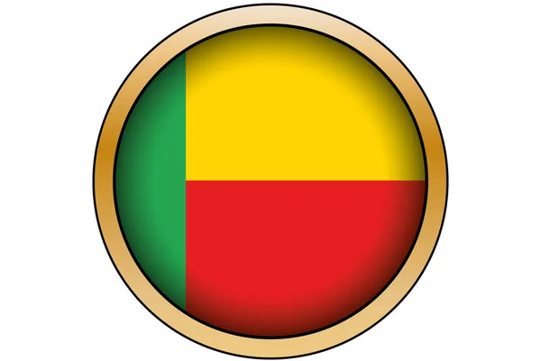 Botón redondo de oro 3D con la bandera de Benín — Archivo Imágenes Vectoriales