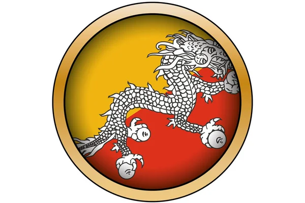 Botón redondo de oro 3D con la bandera de Bután — Vector de stock