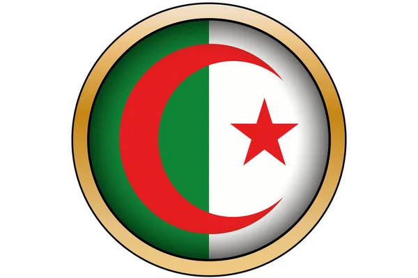 Bouton rond en or 3D avec le drapeau de l'Algérie — Image vectorielle