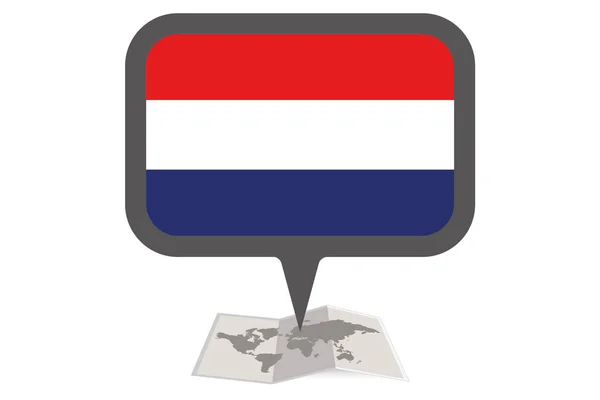 Mappa illustrata e puntatore con la bandiera nazionale dei Paesi Bassi — Vettoriale Stock