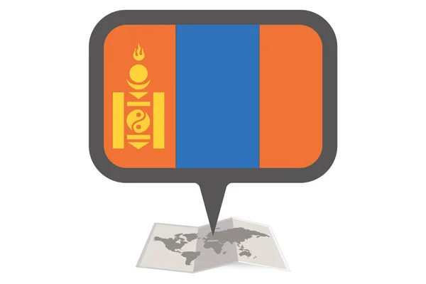 Mappa illustrata e puntatore con la bandiera del paese della Mongolia — Vettoriale Stock