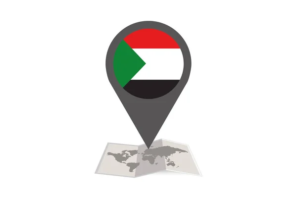 Mapa ilustrado e ponteiro com a bandeira do país do Sudão — Vetor de Stock