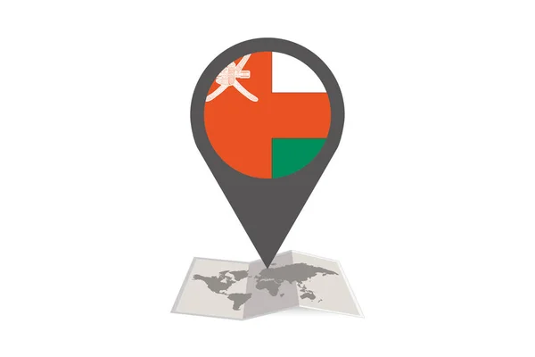 Mapa ilustrado e ponteiro com a bandeira do país de Omã — Vetor de Stock