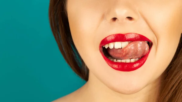 Beautiful Mouth Red Lips White Teeth Wonderful Girl Turquoise Background Stock Image