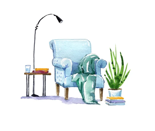 Gemütlicher Sessel Leseplatz Aquarell Illustration — Stockfoto