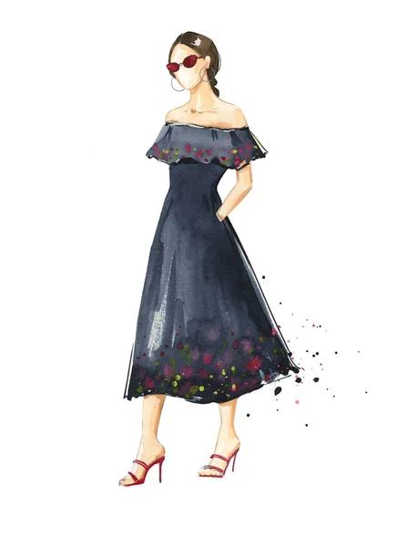 Frau Schwarzen Sommerkleid Aquarellmodenillustration — Stockfoto