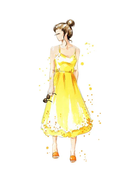 Nyári Megjelenés Egy Sárga Ruha Lány Akvarell Divat Illusztráció — Stock Fotó