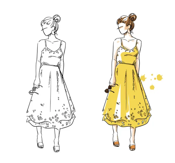 Καλοκαιρινό Λουκ Κορίτσι Ένα Κίτρινο Φόρεμα Vector Εικονογράφηση Μόδας — Διανυσματικό Αρχείο
