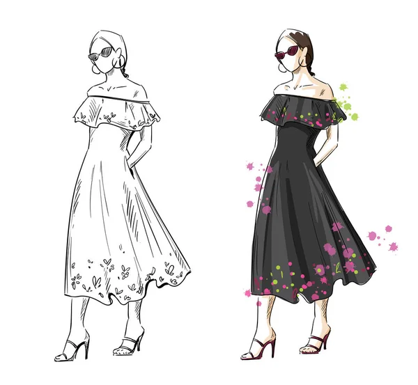 Женщина Черном Летнем Платье Векторная Модная Иллюстрация — стоковый вектор