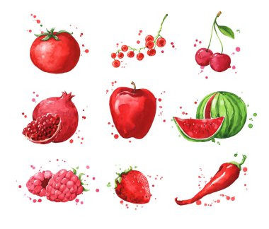 Kırmızı gıdalar, suluboya meyve ve vegtables