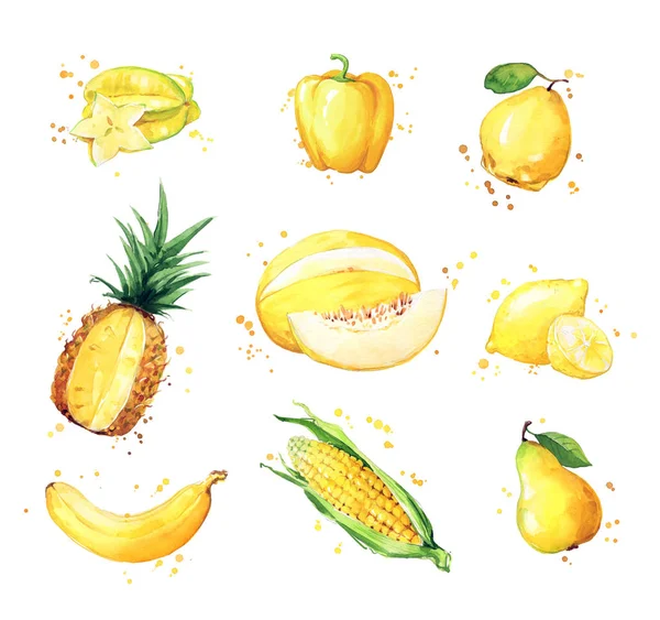 Ποικιλία Από Κίτρινο Τρόφιμα Ακουαρέλα Φρούτα Και Vegtables — Φωτογραφία Αρχείου