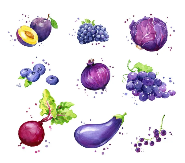 Assortiment Van Paarse Voedingsmiddelen Aquarel Fruit Vegtables — Stockfoto