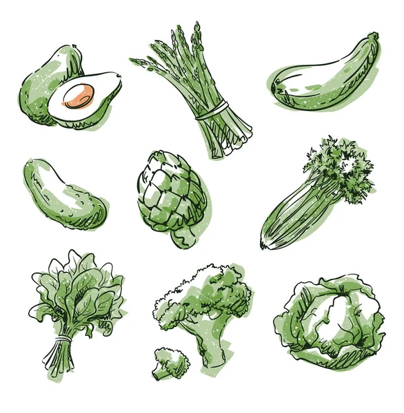 Assortimento Alimenti Verdi Frutta Verdura Bozzetto Vettoriale — Vettoriale Stock