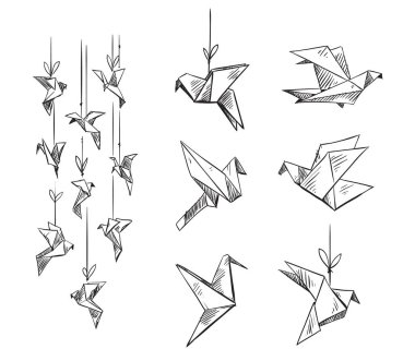 origami kuş, sketch vektör kümesi