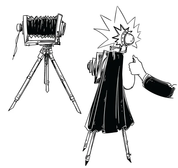 在三脚架上的复古相机 用老式相机制作的手 矢量插图 — 图库矢量图片
