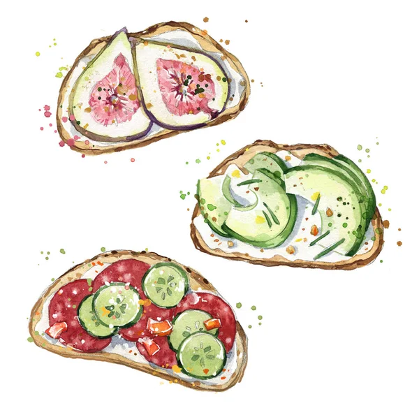 Aquarell Sandwiches Handbemalte Snacks — Stockfoto