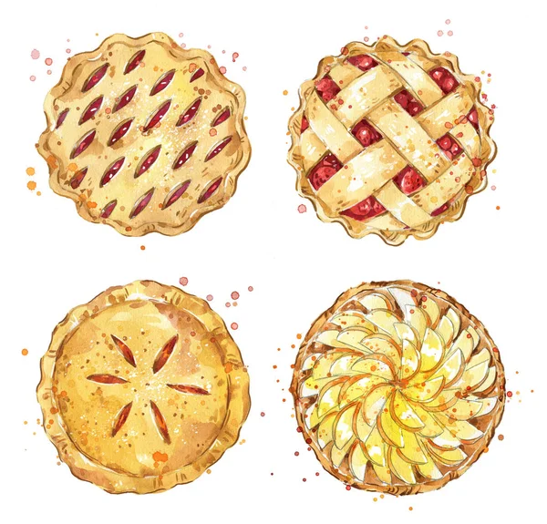 Set Home Made Pies Watercolour Illustration — Stock Photo, Image