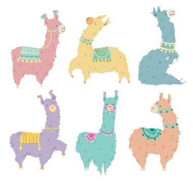 Altı dizi oldukça el çekilmiş lamas, vektör çizim