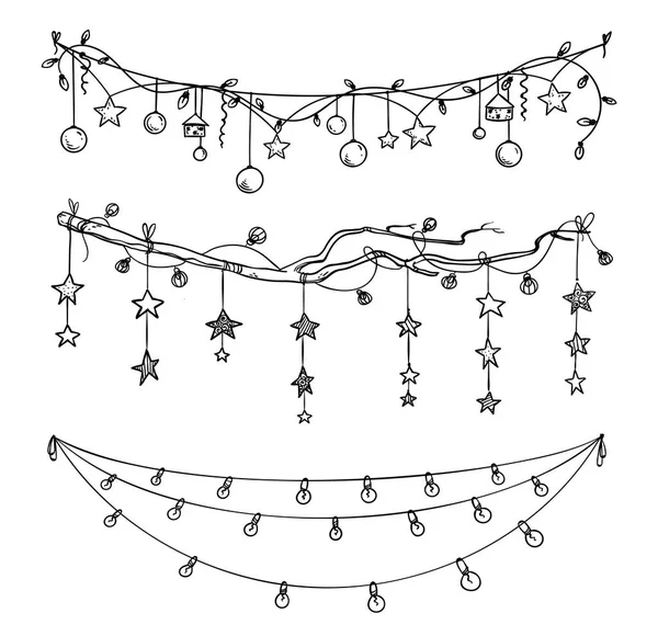 Conjunto de Natal e decorações de Ano Novo. Ilustração vetorial de guirlandas e luzes —  Vetores de Stock