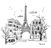 Ulicích Paříže skica, vektorové ilustrace