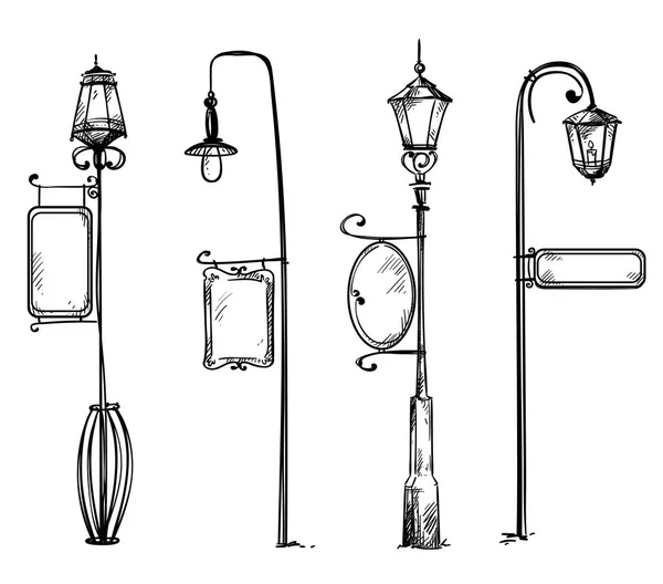 Straßenlaternen Mit Hinweisschildern Vektorillustration — Stockvektor