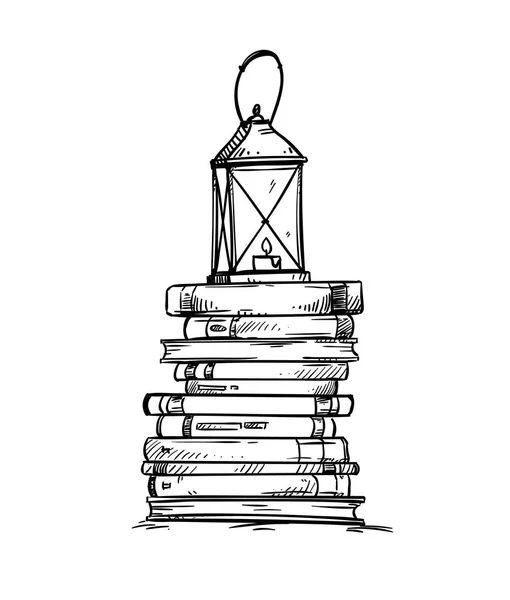 Pile Books Old Lantern Top Vector Illustration — Stock Vector