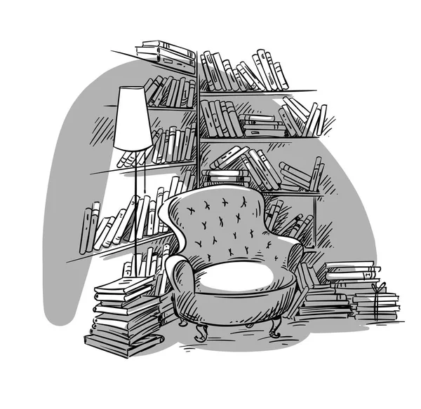 Rincón Lectura Acogedora Habitación Con Estanterías Ilustración Vectorial — Vector de stock