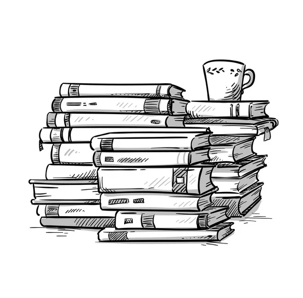 Heaps Books Cup Coffee Top Vector Illustra — Stock Vector