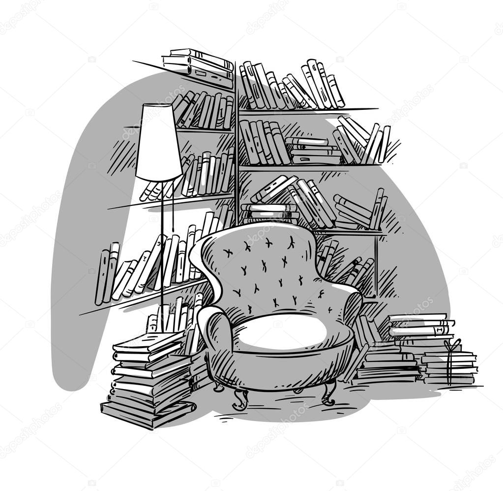 Reading nook, cozy room with bookshelves, vector illustration