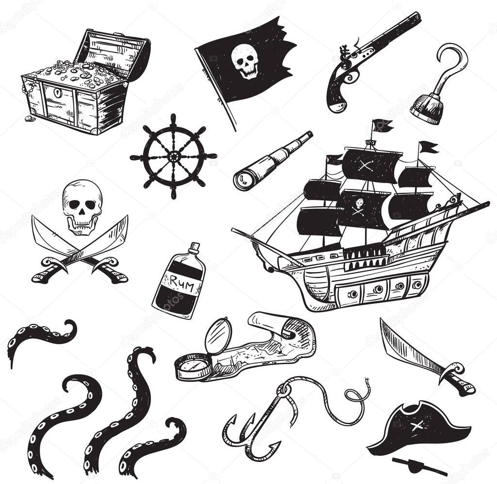 Pirate icons set, vector illustration