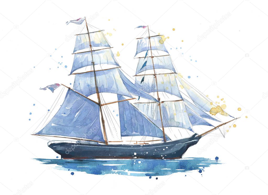 Sailing ship, hand painted watercolor illustration 